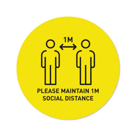 Covid-19 Floor Sticker Please Maintain 1m Social Distance 26cm Round Yellow 3pcs